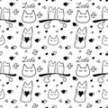 Cute Enamored cats and hearts. White and black Doodle Seamless Pattern